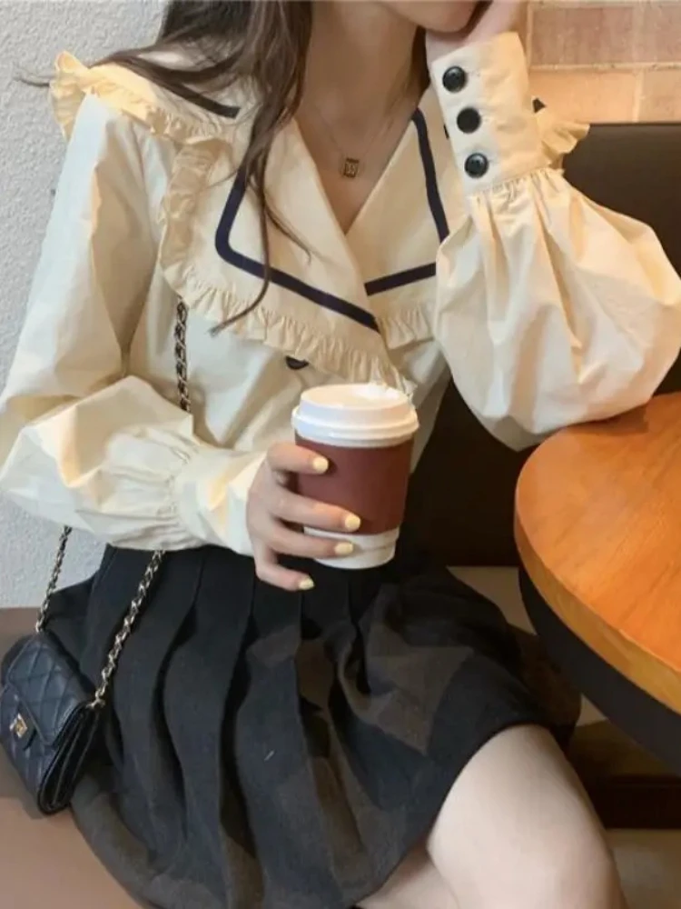 

Hikigawa Chic Fashion Women Peter Pan Collar Sweet Girls Casual Shirts VIntage Ruffles Long Sleeve Blouse Tops Ropa Mujer