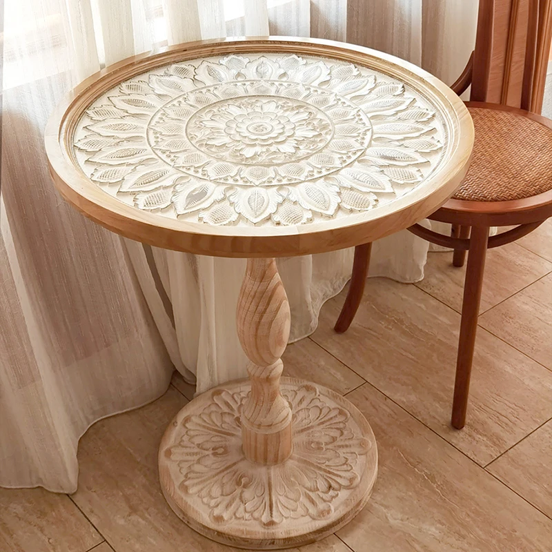 

French retro sofa edge few solid wood medieval corner few casual coffee table Moroccan homestay carved glass coffee table