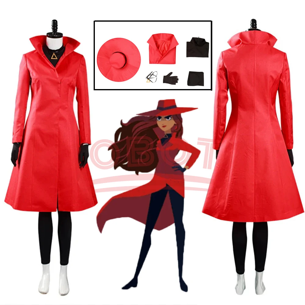 6PCS Carmen Sandiego Cosplay Costume Red Dress with Hat Gloves Halloween Christmas Carnival Party Role Play Suit For Woman Girl