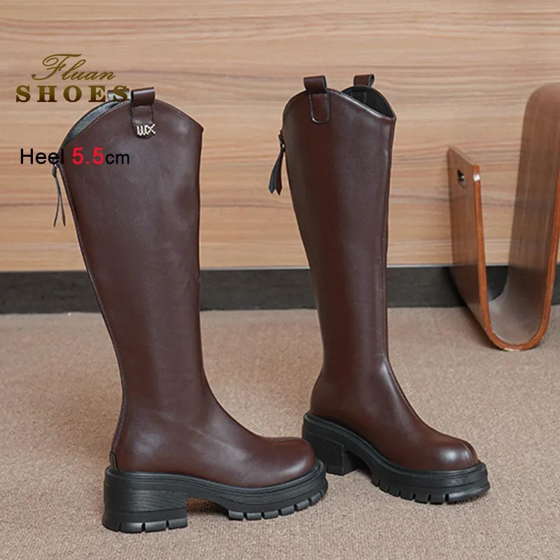 2025 New Knight Boots Woman Classic Tall Boots Thick Soled Casual Versatile Knee Length Boots Brown Coarse Heel Ladies Long Boot