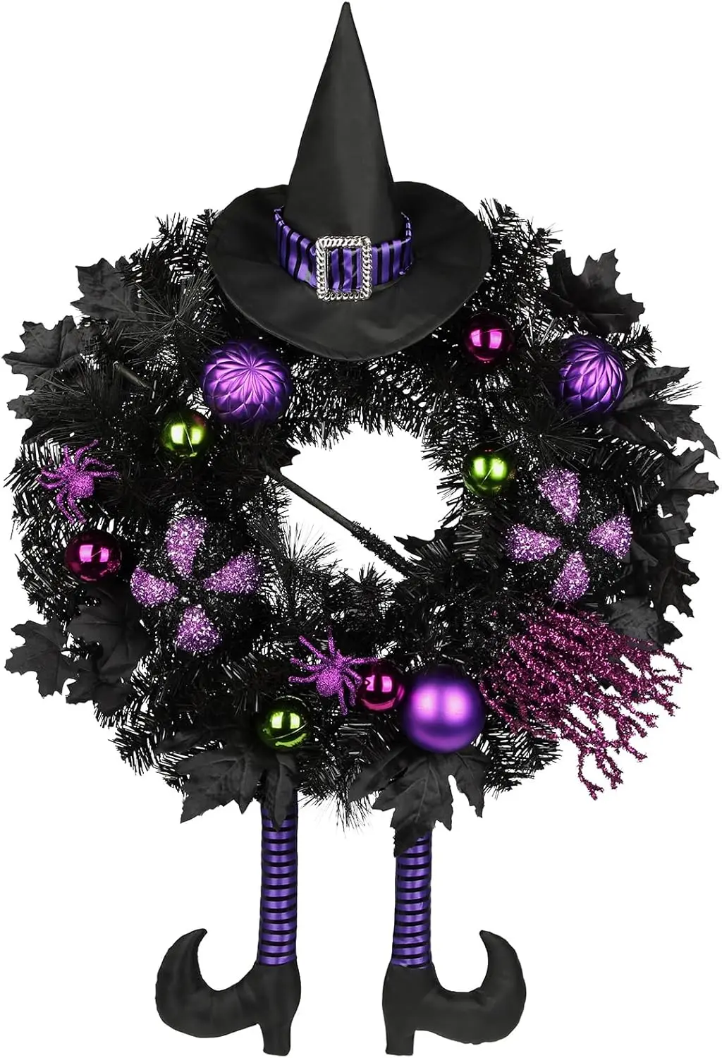 Guirnalda de Halloween de 26 pulgadas con oropel negro, sombrero de bruja, patas y calabaza morada para decoración de puerta de otoño