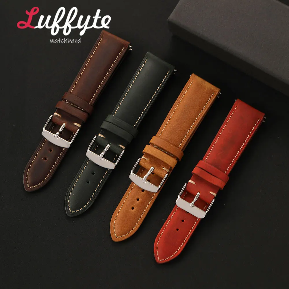 Multi-Color Men's Crazy Horse Genuine Leather Watch Straps with Quick Release Pins 18/20/22mm Fashion Watch Band