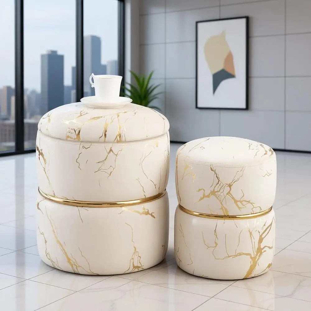 2-Piece Storage Ottoman Set, Luxury Velvet Vanity Stool Chairs, Coffee Table, Upholstered Foot Rest for Living Room, Bedroom, Kh