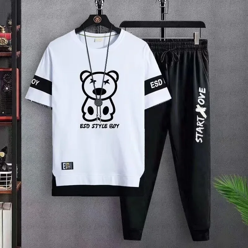 Hot selling new men\'s casual suit fashionable and trendy versatile T-shirt slim fit short sleeved T-shirt and sports pants
