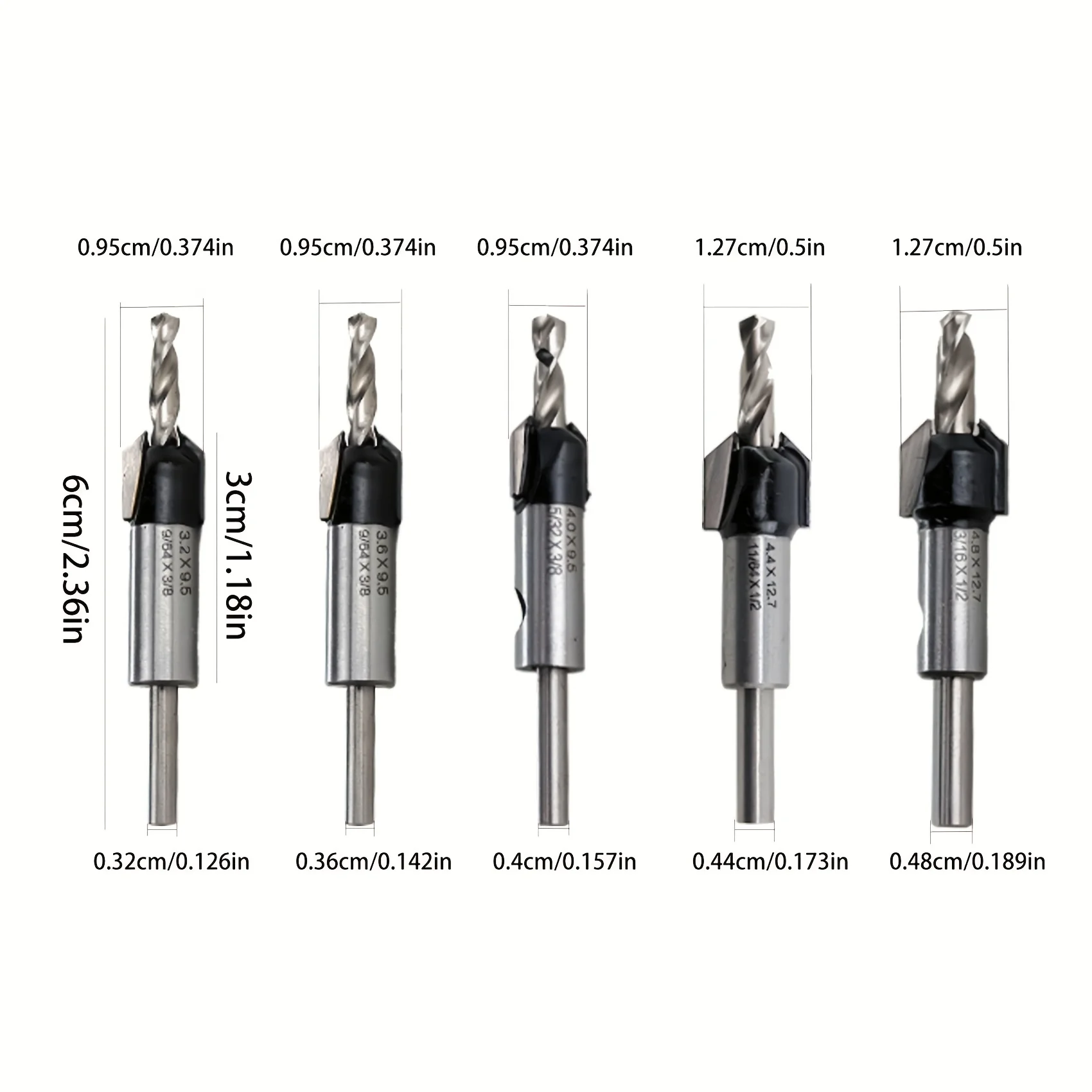 Verzinkboorset met lage wrijvingsdieptestop, HSS M2-bits, taps toelopende kop 1/8 9/64'' 5/32'' boor en 3/8'' tegenboring, 1