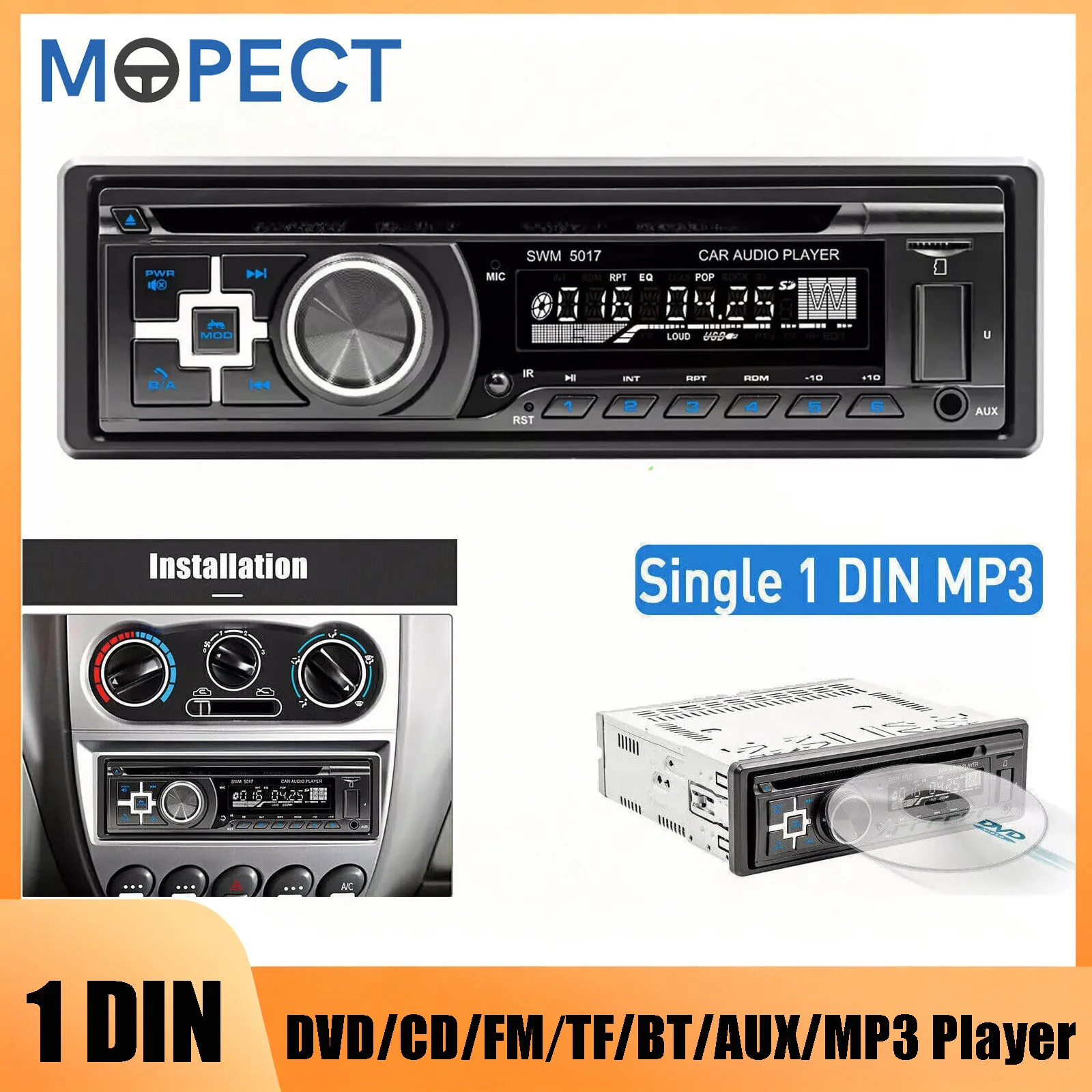 Autoradio stereo MOPECT 1 DIN con lettore CD, DVD, MP3, Bluetooth, FM/RDS, USB, TF, AUX, musica, equalizzatore, lettore multimediale
