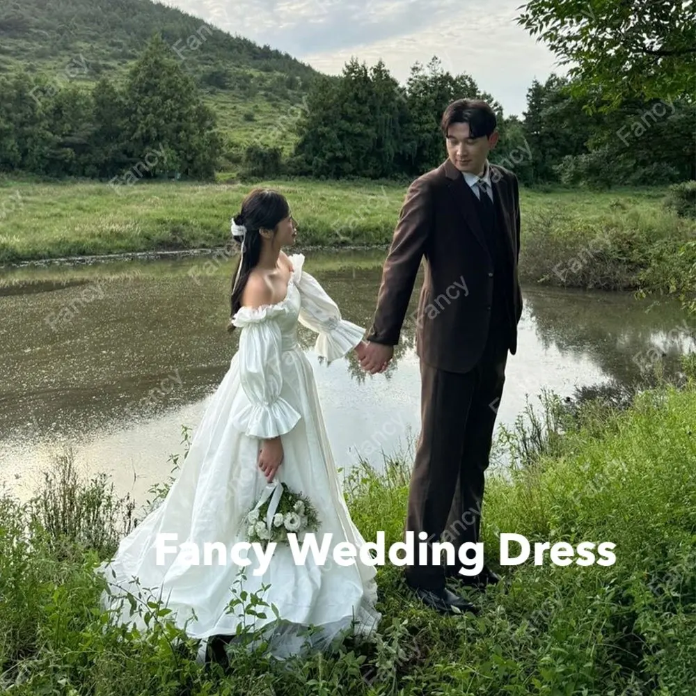 

Fancy Korea Ivory Off Shoulder Wedding Dress Photo Shoot A Line Taffeta Long Sleeve Bridal Gown Floor Length 웨딩드레스 Custom Made