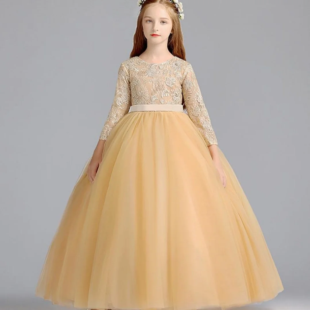 

Flower Girl Dresses Tulle Lace Appliques With Bow Half Sleeve For Wedding Birthday First Communion Gowns