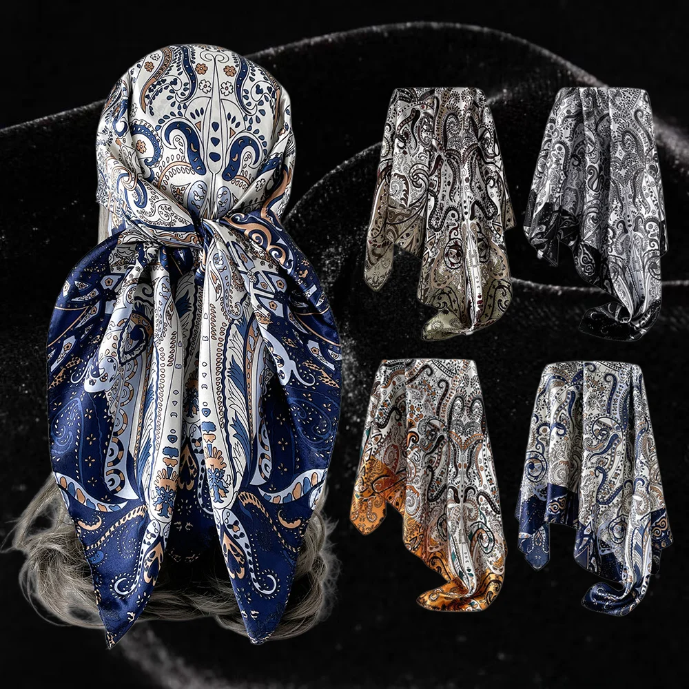 90cm Paisley Print Satin Square Scarf Elegant Retro Headscarf Women Artistic Accessory Beige Orange Paisley Satin Scarf