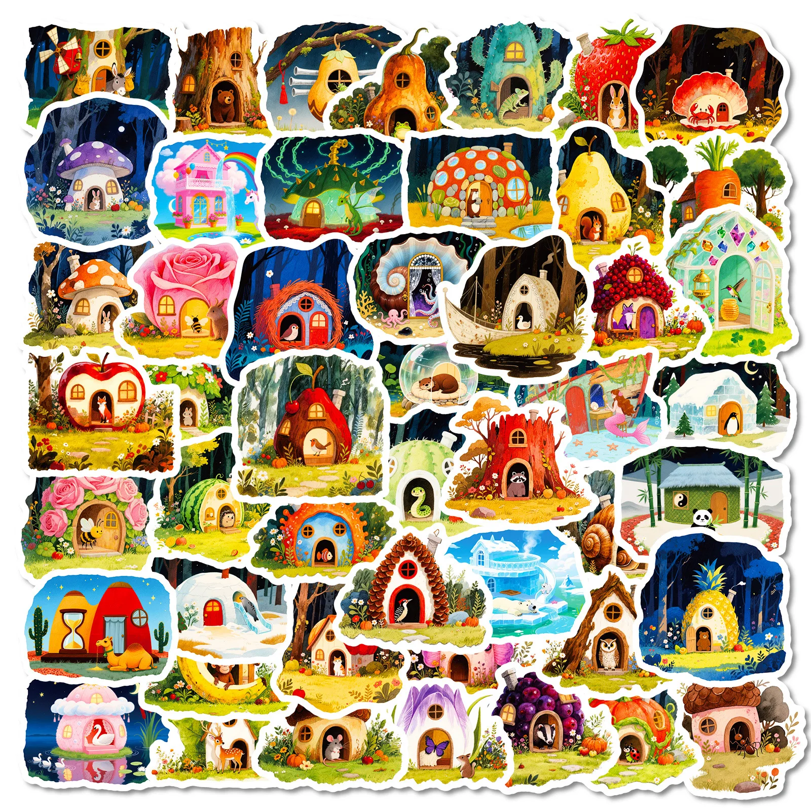 

56PCS Cartoon Colorful House Forest Fairy Tale Graffiti Sticker DIY Decoration Notebook Skateboard Water Cup Toy Gift Sticker