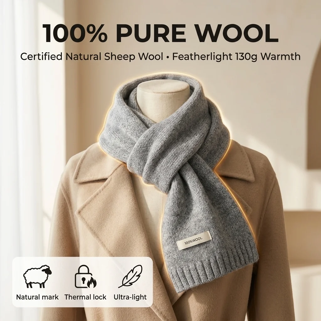 Premium 100% Pure Wool Scarf Lightweight Thermal Knit Solid Color Elegant Wrap Classic Winter Pashmina Accessory Unisex