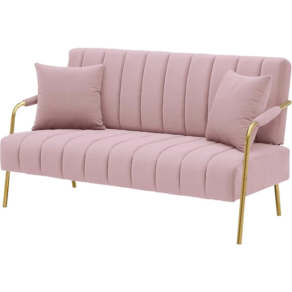 Modern Upholstered Velvet Loveseat Sofa: 60 Mid Century 2 Seater Sofa - Cashmere Sofa Couch with 2 Pillows - Gold Metal Legs
