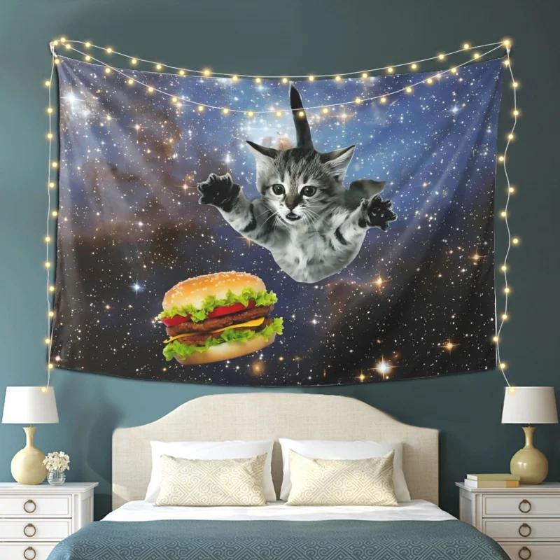 VIKAMA Space Cat Burger Wandteppich, lustiger, psychedelischer Space Cat Wandbehang für Schlafzimmer, Wohnheim, Gaming-Raumdekoration