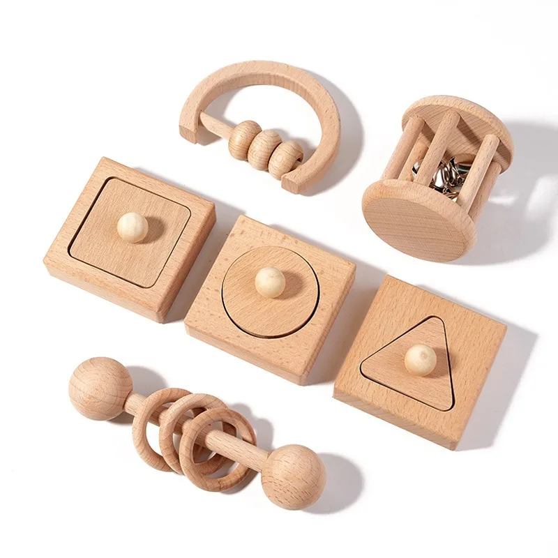 Children's wooden toy rattle natural wood 0-12 baby early education grasp geometric shape matching toy set