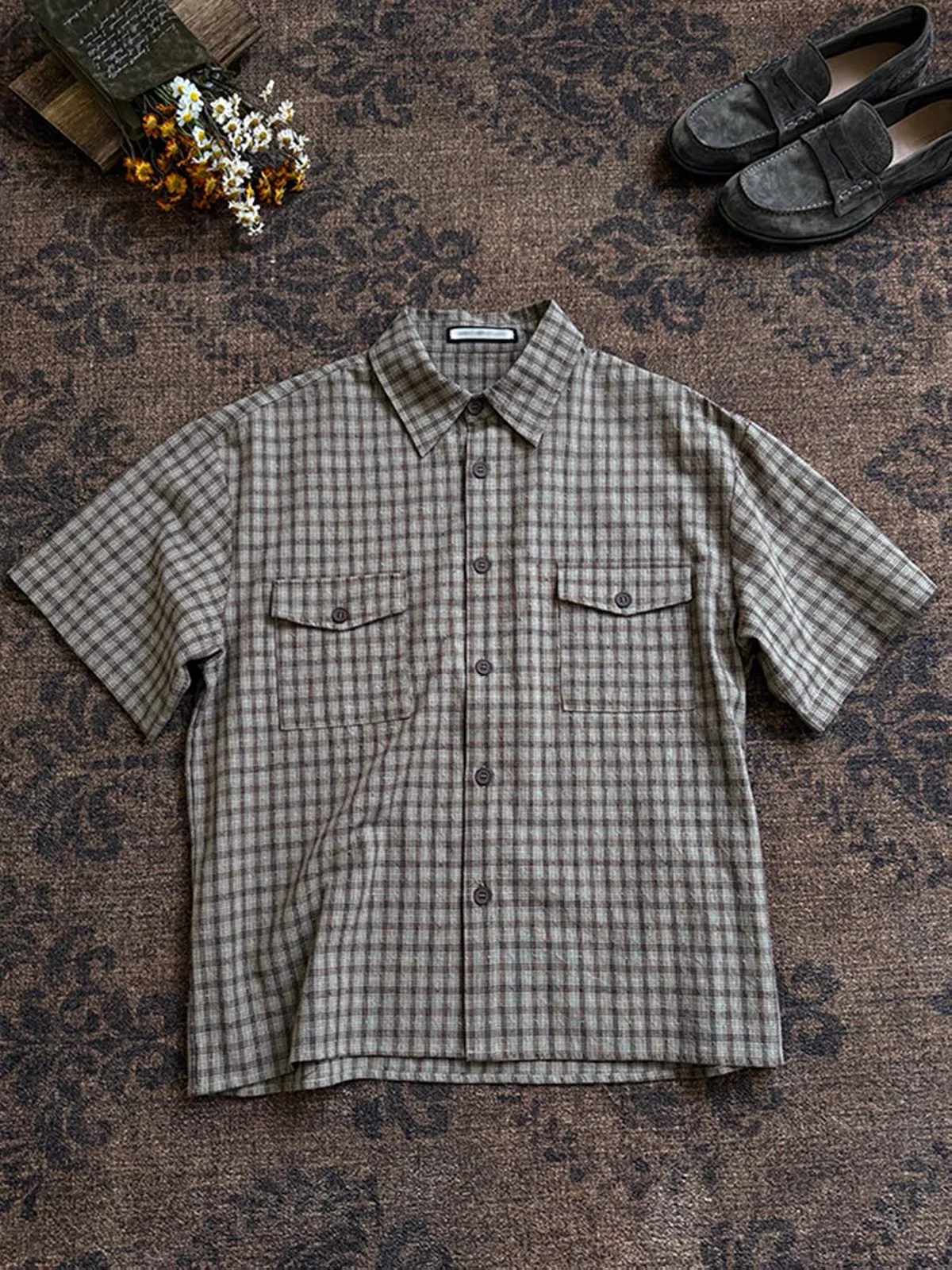 American Retro Loose Plaid Short Sleeve Shirt Men Summer Versatile Lazy Loose Casual Jacket Double Pocket Button up Shirt
