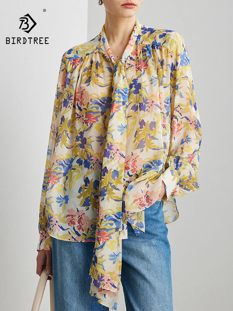 

BirdTree-100%Real Silk Qiao Qi Elegant Shirt, Ribbon Collar Print, Women Fashion Casual Loose Sheer Blouse, 2025 Summer T64330CC