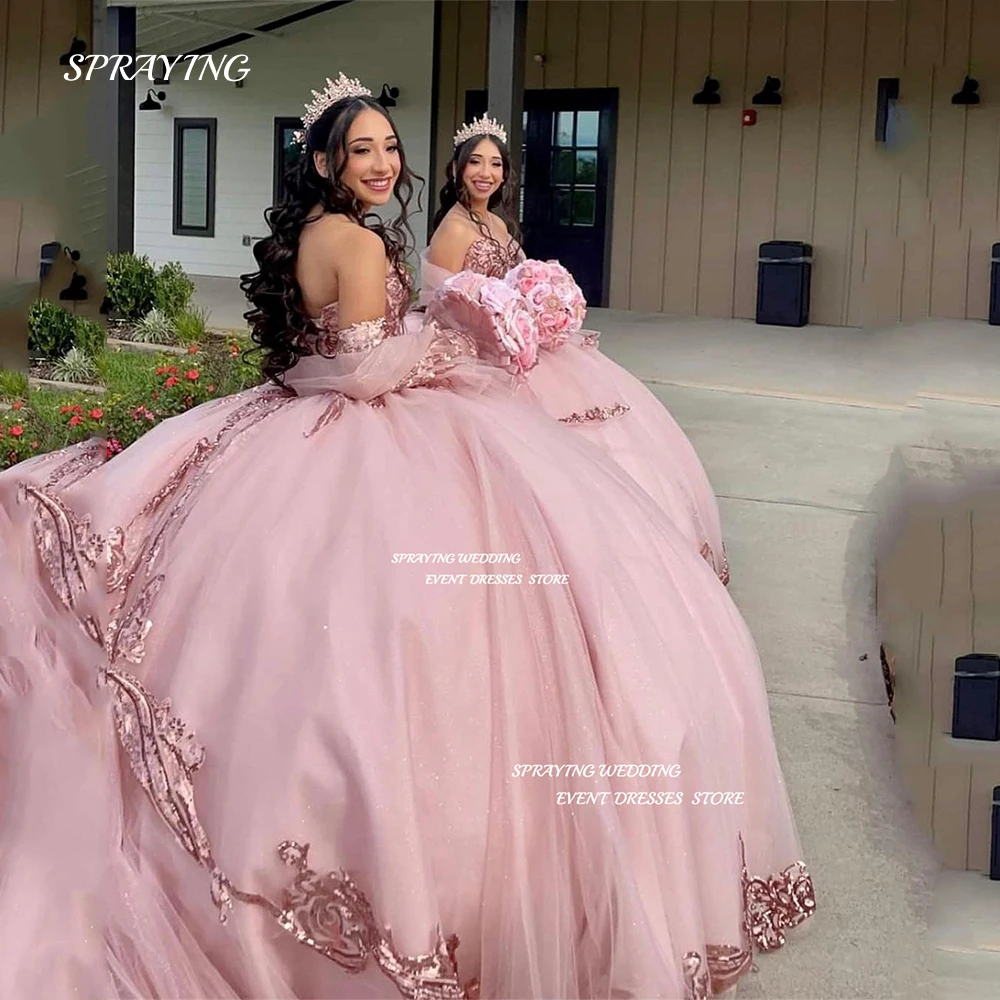 SPRAYING Pink Quinceanera Dress Applique Lace Sweetheart Vestidos De 15 Anos Formal Birthday Party Prom Ball Gown Sisters Dress