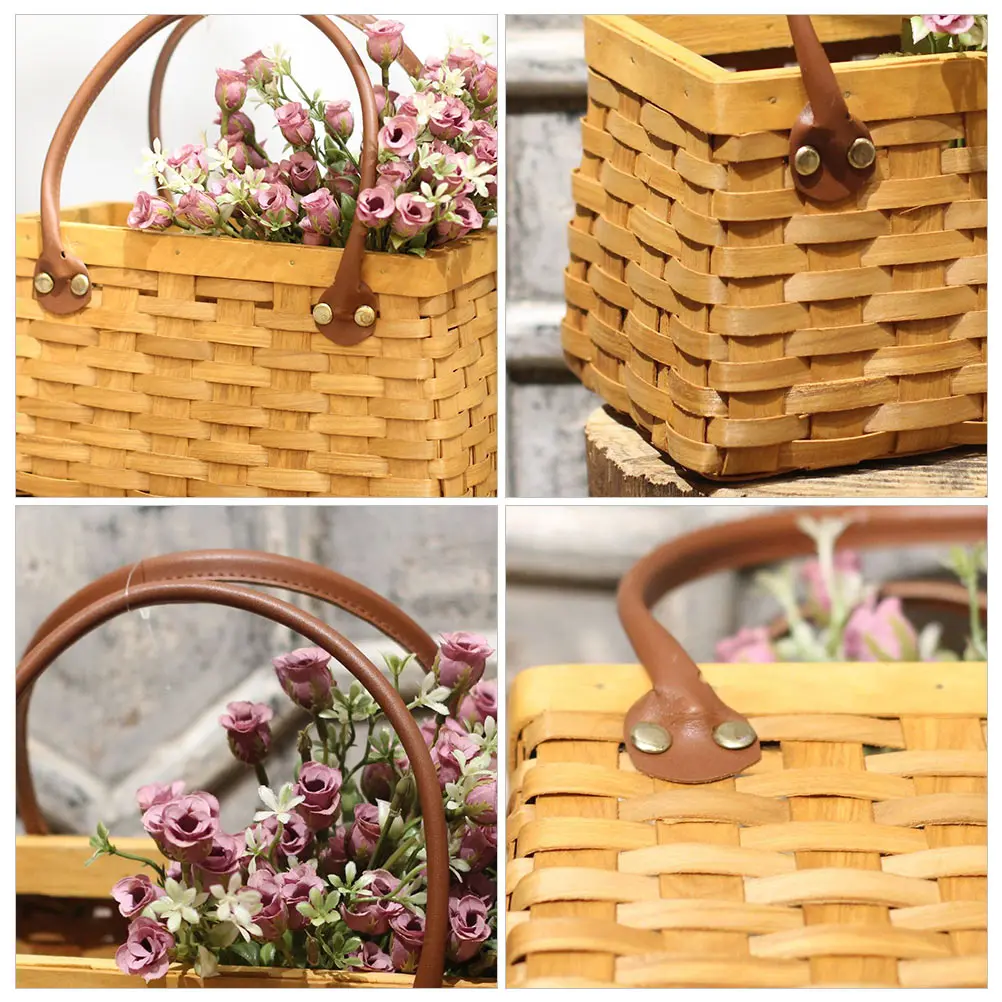 Elegant Wood Chip Flower Basket H Woven Plant Container Storage Basket Khaki Wooden Multi Functional Decorative Rattan