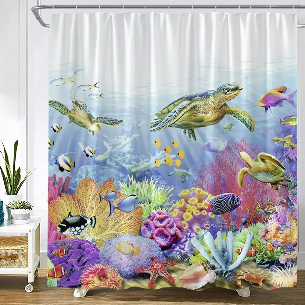 Ocean Sea Turtle Shower Curtain Seawater Landscape Beach Fish Coral Reef Marine Animal Kids Waterproof Bathroom Screen With Hook