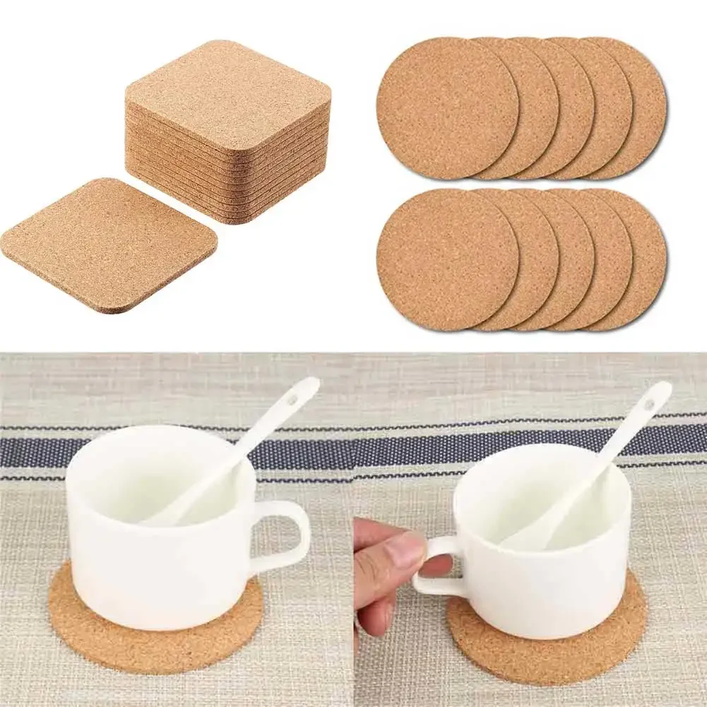 10Pc Cork Coaster DIY Tableware Pad Small Board Square/Round Mat SelfAdhesive Drink Cup Mat Home Table Decoration 100mmx100x3mm