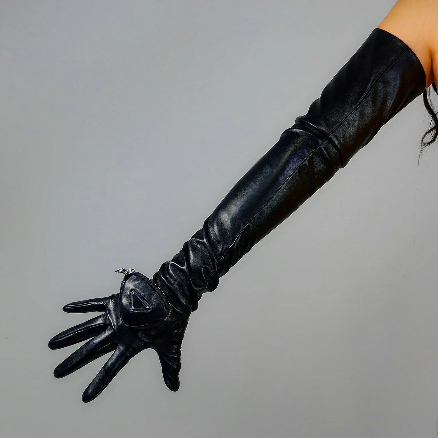 DooWay Black Long Leather GLOVES with Zipper Triangle Pocket Touchscreen 28