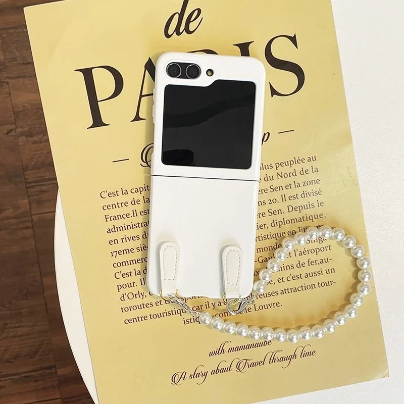 الكورية بسيطة الأبيض قضية الهاتف مع الكتف حزام طويل حبل اللؤلؤ لسامسونج غالاكسي Z فليب 7 6 5 4 3 5G الغطاء الخلفي