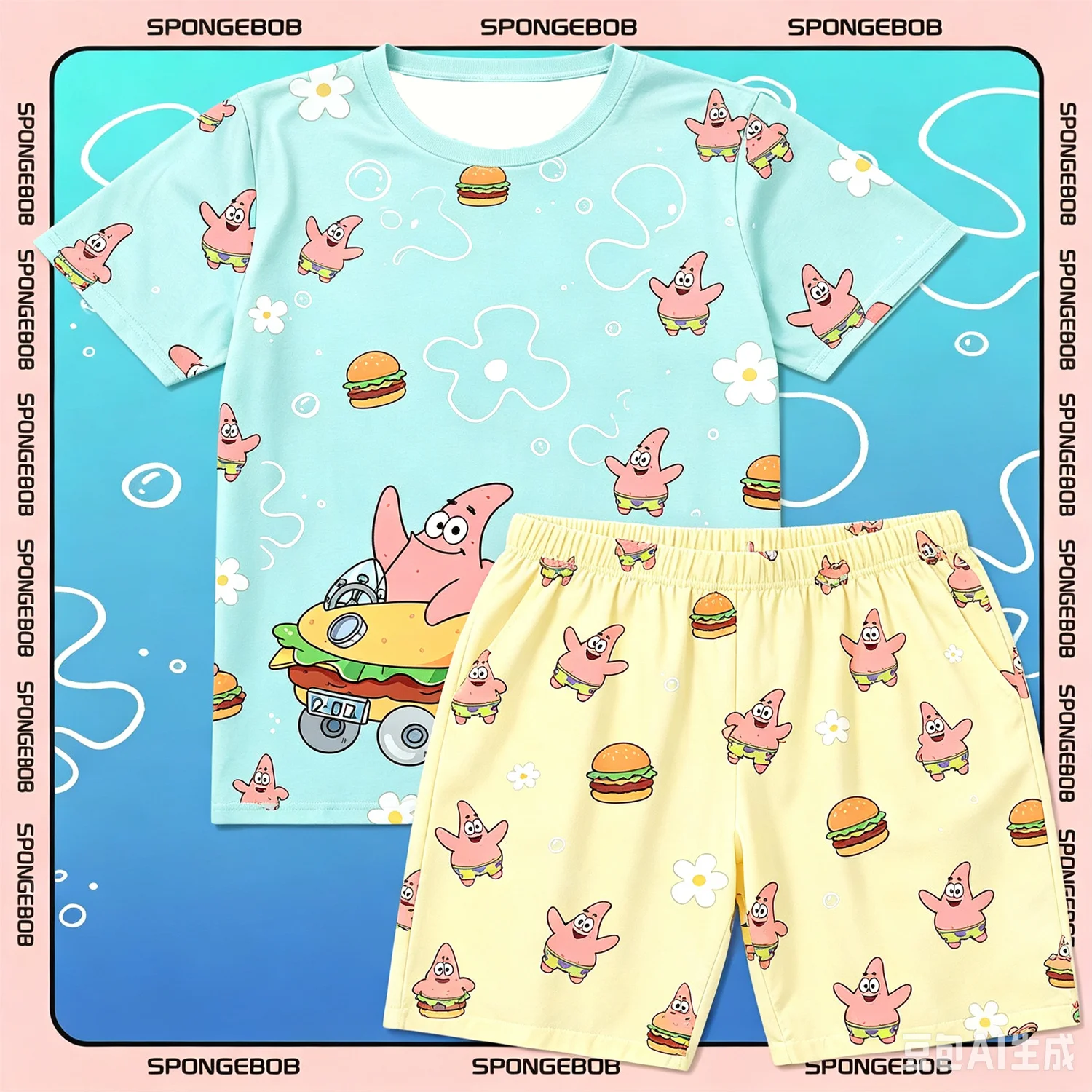 Patrick Star Krabby Patty Floral Full Print Two Piece Outfit For Men Women Kids Breathable Daily Anime Home Nightwear Clothes