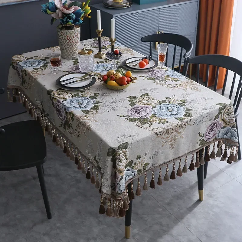 European Rectangular Tablecloth Plant Flower Diningtable Decorative Cloth Household Elegant Luxury Tassel Coffeetable Tablecloth