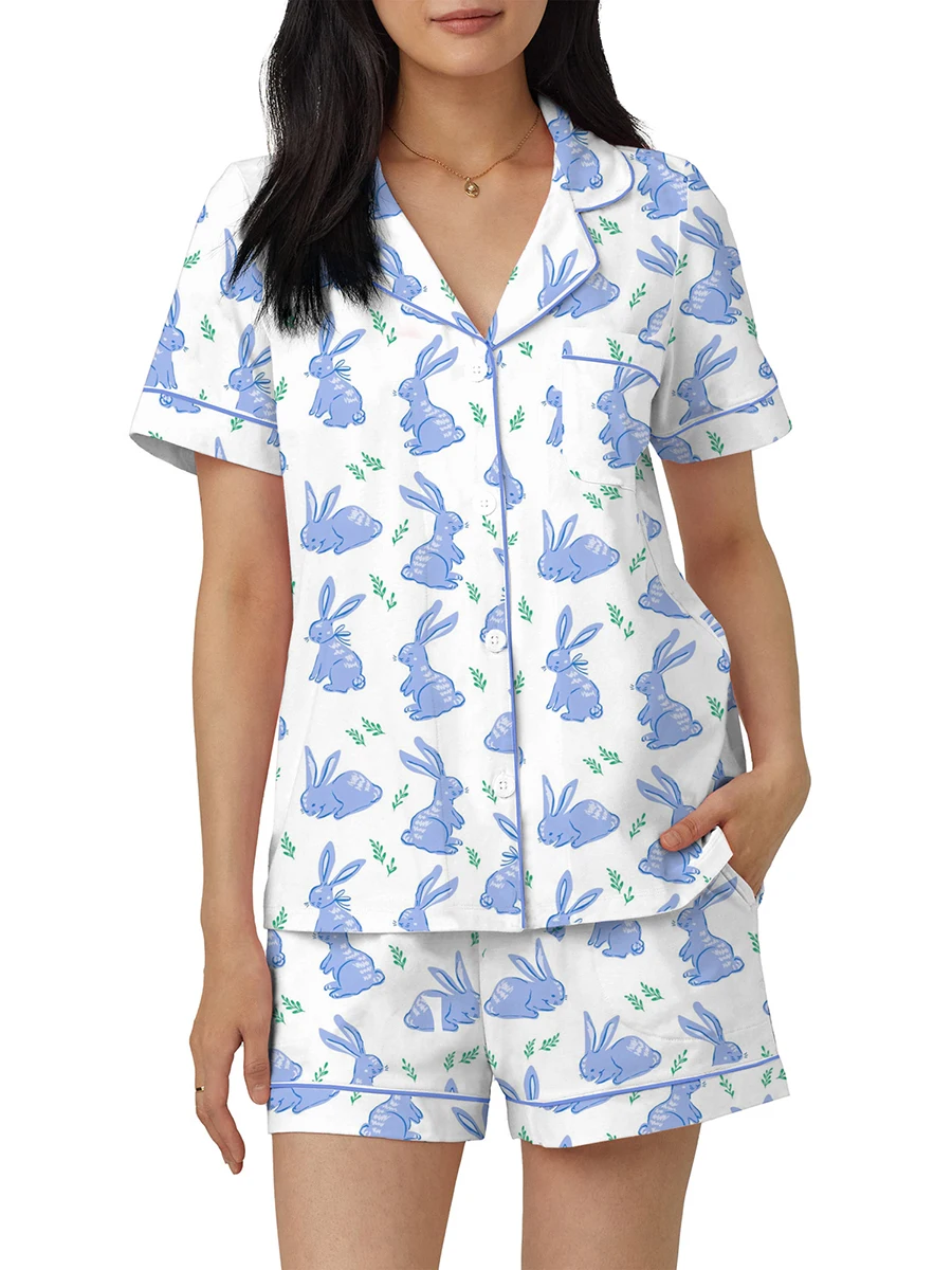 

Women 2 Piece Y2k Rabbit Print Pajama Set Short Sleeve Lapel Collared Button Down Shirt Shorts Pjs Lounge Easter Day Sleepwear