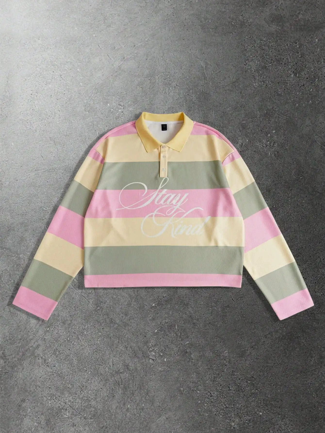 

Men's Cropped Long Sleeve Polo Shirt with Pastel Stripe and Script Graphic