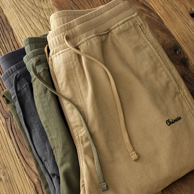 

Cotton Casual Pants Loose Fit Straight Leg Workwear Trousers for Men with Dstring Waed Elastic Waist Spring Autumn