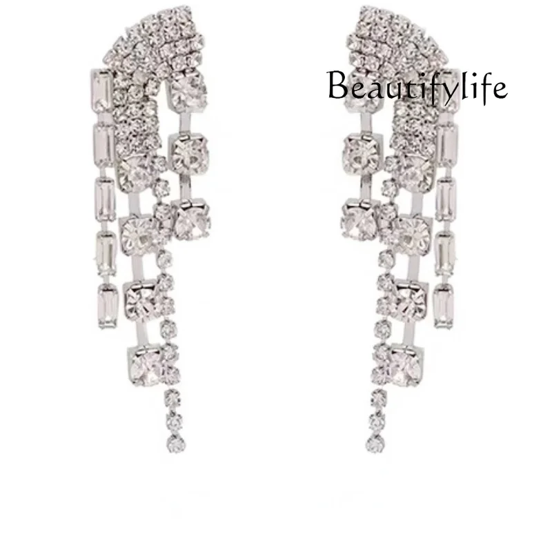 Super flash full diamond earrings irregular wings rhinestone fringed long earrings female creativity