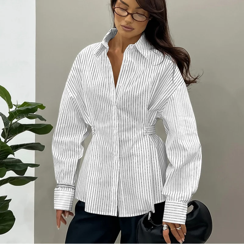 Vintage Style Woman Blouses Featuring Asymmetrical Striped Pattern Press Pleated Waist Elegant Clothing Long Sleeve Work Shirt