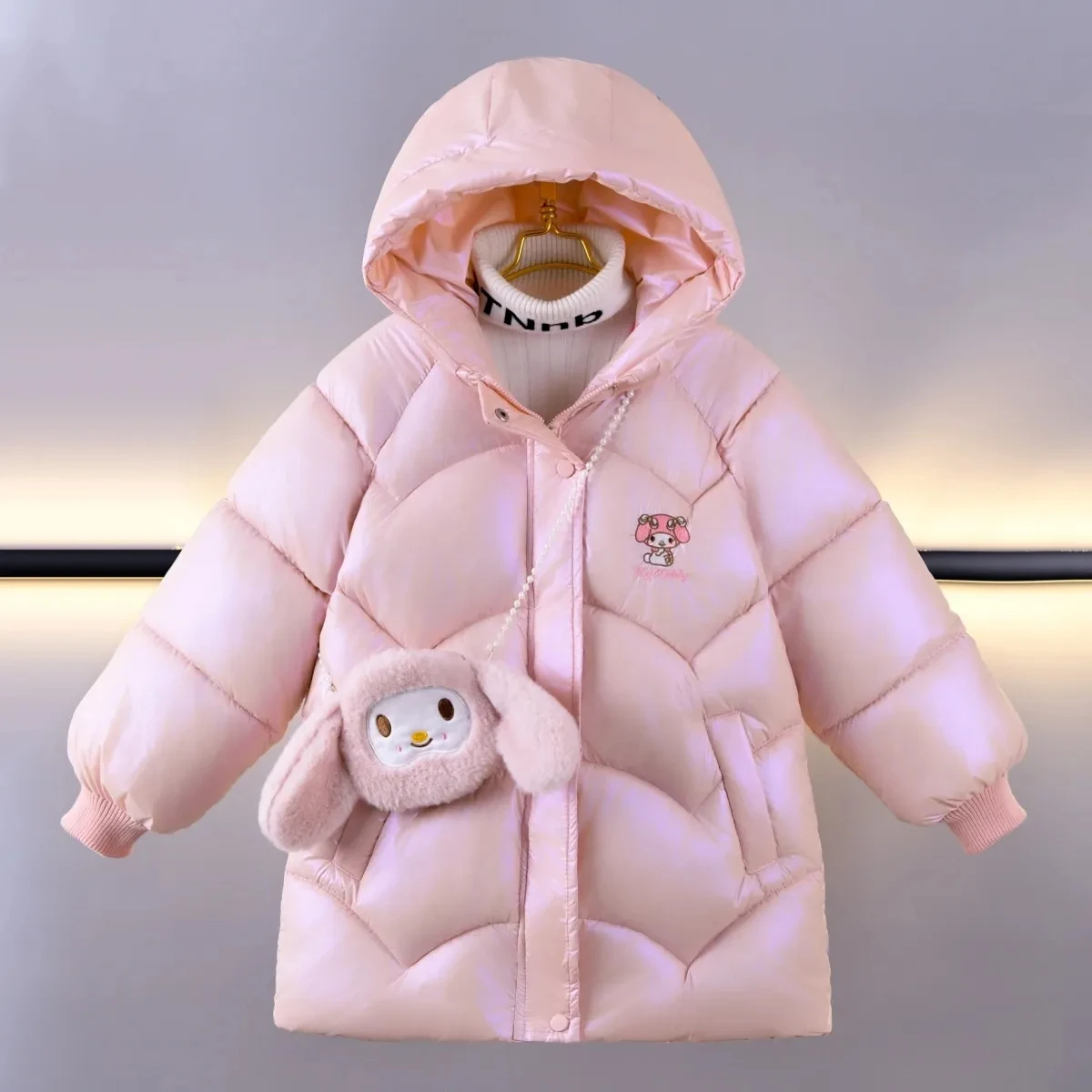 

Sanrio Anime Kawaii Melody Hooded Coats Girls Kids Fashion Jacket Down Warm Hooded Jacket Clothes with Bag for Girl Xmas Gift