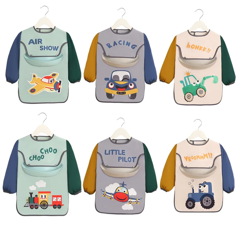 

Waterproof Cartoon Baby Bib Adjustable Long Sleeves Children's Feeding Apron with Food Catcher Pocket Infant Smock Burp Cloth