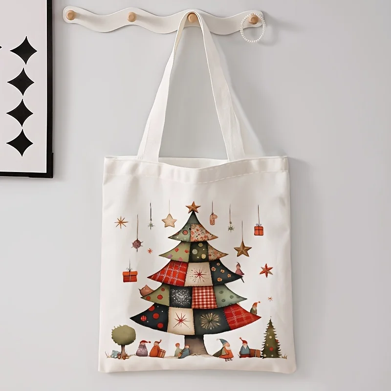

Christmas Gnome and Tree Pattern Tote Bag Casual Shoulder Shopping Bag Reusable Fashion Multi-functional Handbag Holiday Gift