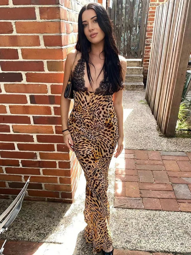 HOUZHOU Sexy Leopard Long Dress Women Summer Lace Patchwork Backless Holiday Dresses Animal Print Sleeveless Spaghetti Strap