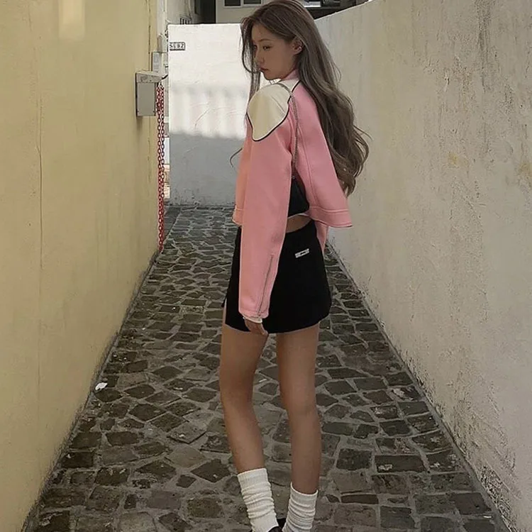 Giacca in pelle rosa Bomber donna Varsity maniche lunghe Bomber giacche moto Vintage americane nuovi cappotti corti 2024