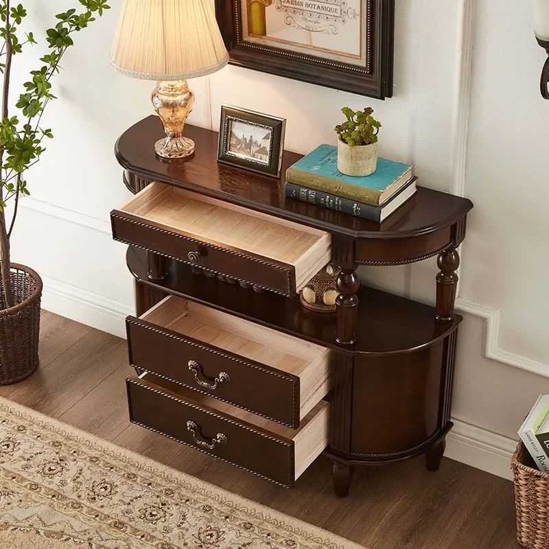 American style solid wood semi-circular console table foyer entrance console living room retro entrance cabinet against the wall