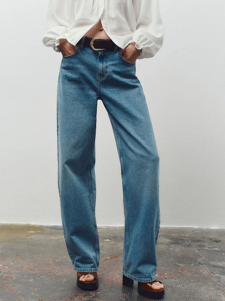 

Spring New Arrival Women's Versatile Slimming High Waist Wide Leg Cuffed Jeans with Belt Casual Long Pants Commute Sle