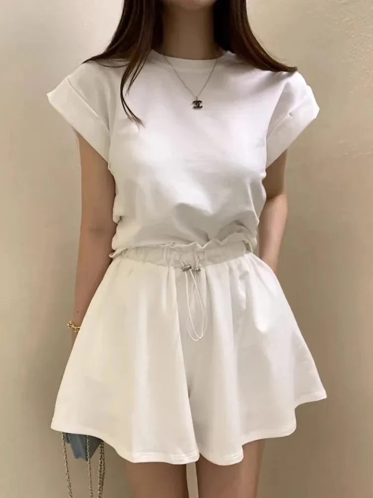 korea chic Summer Skirt Sets For Women 2 pieces Outfits Dress Casual Workout 2024 Elegant Short sleeve T-shirt Top Leg Shorts