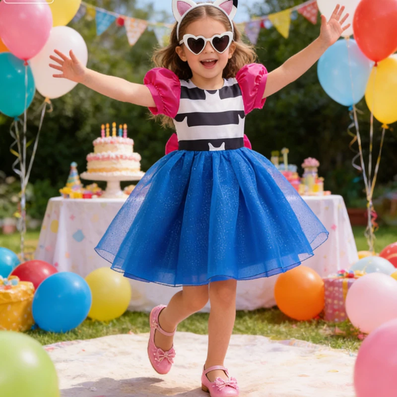 Mädchen Cartoon-Katzen-Cosplay-Kostüm Katzen-Netzkleid mit Stirnband und Brille Karnevals-Party Cartoon-Cosplay Mädchen Festliches Kleid