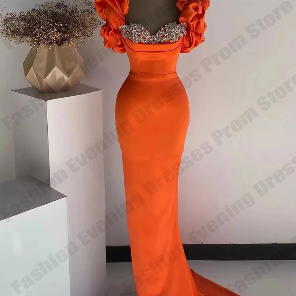 

Elegant Orange Women's Prom Gowns Bubble Sleeves Princess Evening Dresses Mermaid Formal Ball Beach Cocktail Party Customized