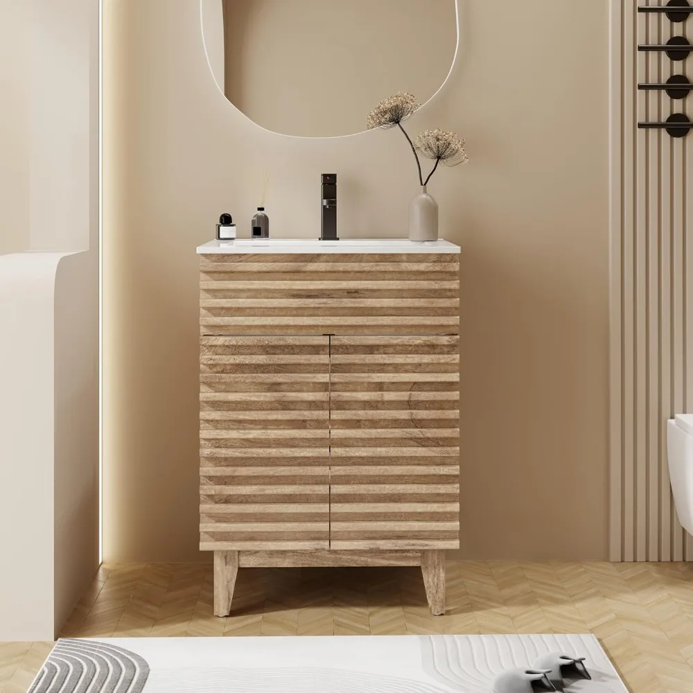 24-Zoll-Badezimmer-Waschtisch mit Waschbecken-Kombination, freistehender Mid-Century-Schrank mit Holzstreifendekor, verstellbares Regal,
