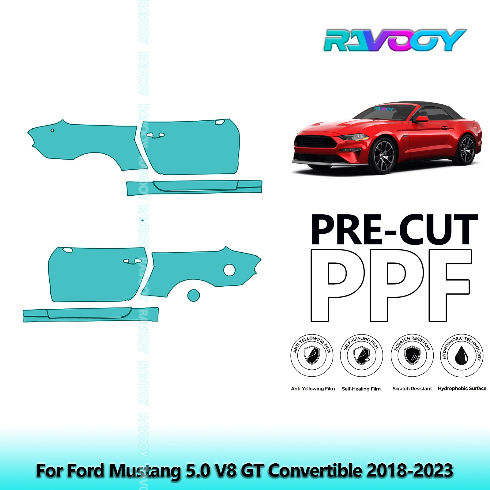 

For Ford Mustang 5.0 V8 GT Convertible 2018-2023 8.5mil Pre-Cut PPF Door & A/B Pillar Kit TPU Paint Protection Film Set