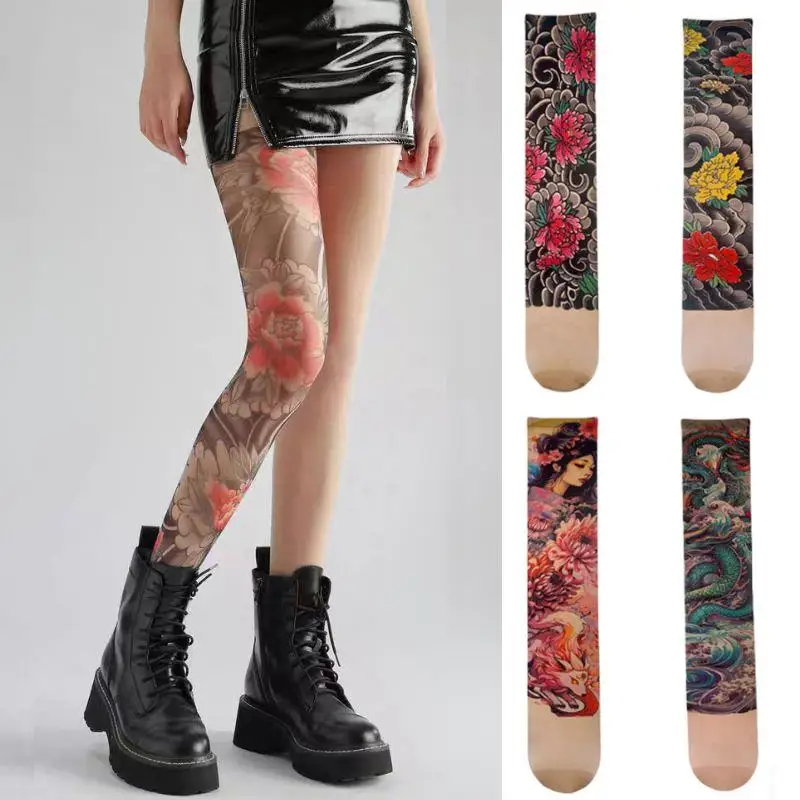 

New Women's Sexy Printed Tights Fake Tattoo Peony Pantyhose Female Perspective Mesh Leggings High Pantyhose Female Stockings