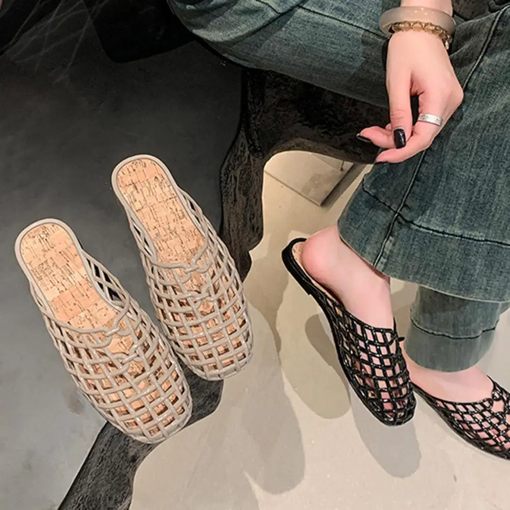 黒のファッション夏織り中空フラットヒールの女性の靴エレガントで快適なカジュアルドレスミュールサンダル