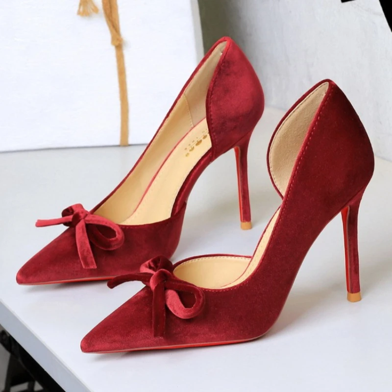 Zapatos de Tacón Alto de Lujo para Mujer, con Lazo, 7.5 cm, 10 cm, Tacones de Aguja, Zapatos Sexys para Fiesta, Zapatos de Terciopelo para Mujer, Zapatos de Novia 2026