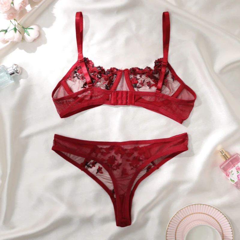 Wine Red Transparent Lingerie Embroidery Floret Two Piece Woman Push Up Ventilate Underwear G-string Sexy Bra Set Erotic Costume