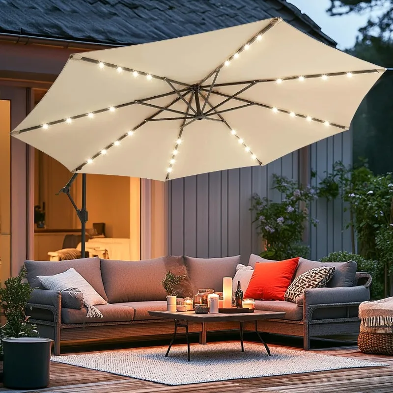 

10ft Solar LED Offset Hanging Market Cantilever Patio Umbrella for Backyard, Poolside, Lawn and Garden, Easy Tilt Adjus
